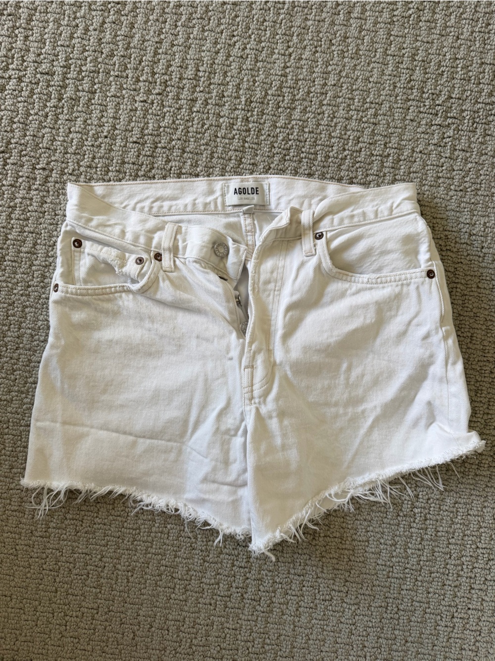 Agolde White High-Rise Frayed Hem Jean Shorts